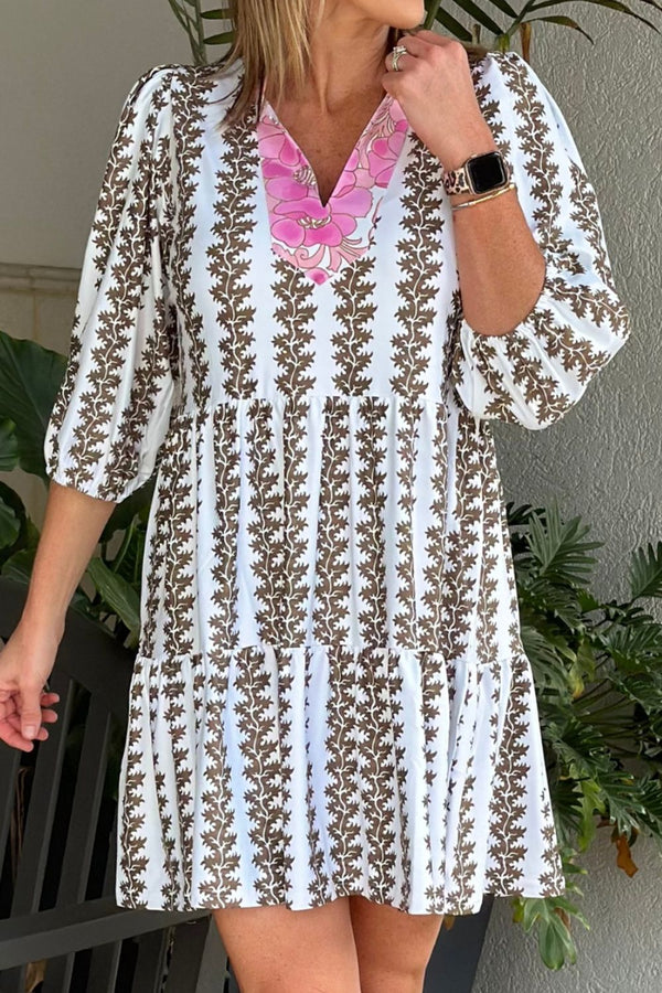 printed-notched-3-4-sleeve-mini-dress OhSoStyled - Sophia's Style-1